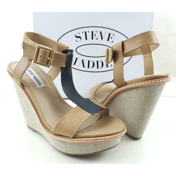 Steve Madden Bonzai T-Strap Platform Wedge Sandals Heels Blue Multi Size 6.5 - Picture 1 of 8